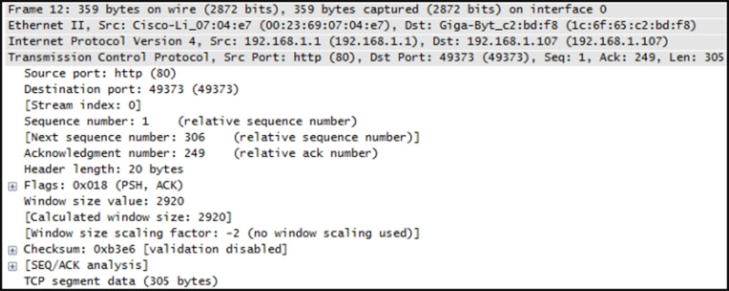 A TCP segment from a server has been captured by Wireshark, which is running on a host