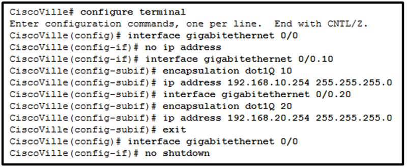 A network administrator has configured router CiscoVille with the above commands to provide inter-VLAN routing