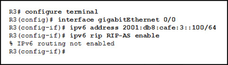 A network administrator has issued the exhibited commands in an attempt to activate RIPng on interface gig0-0