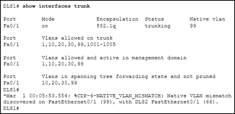 DLS1 is connected to another switch, DLS2, via a trunk link