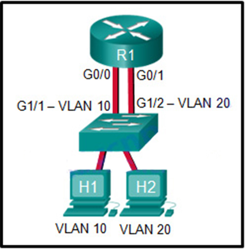 In this network design, which connection or connections if any, add the VLAN ID number if host H1 sends information to host H2
