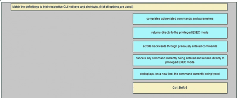 Match the difinitions to their respective CLI hot keys and shortcuts