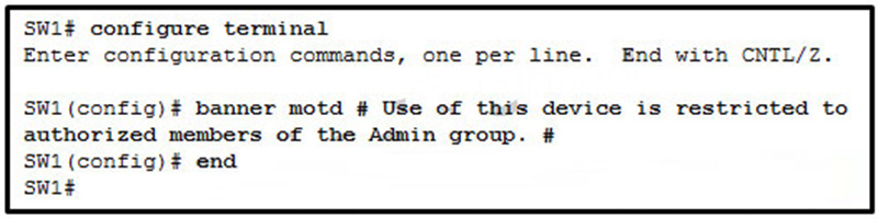 Refer to the exhibit. A network administrator is configuring the MOTD on switch SW1. What is the purpose of this command