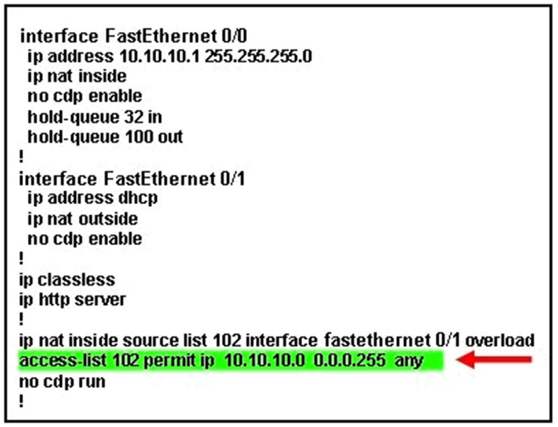What is the purpose of the command marked with an arrow shown in the partial configuration output of a Cisco broadband router