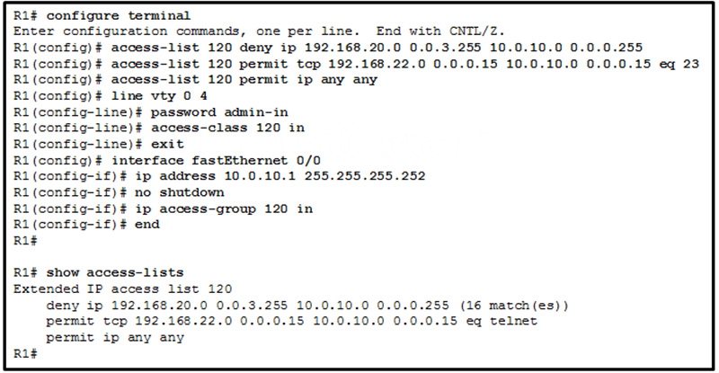 A network administrator is configuring an ACL to limit the connection to R1 vty lines to only the IT group workstations in the network 192168220-28