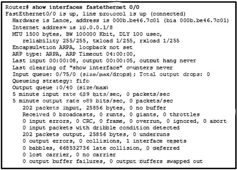 A network administrator is investigating a lag in network performance and issues the show interfaces fastethernet 0-0 command