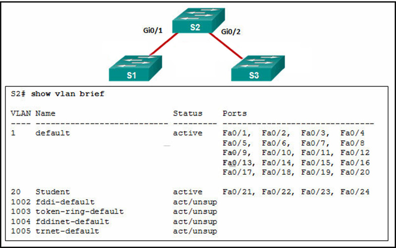 A network administrator is reviewing port and VLAN assignments on switch S2 and notices that interfaces Gi0-1
