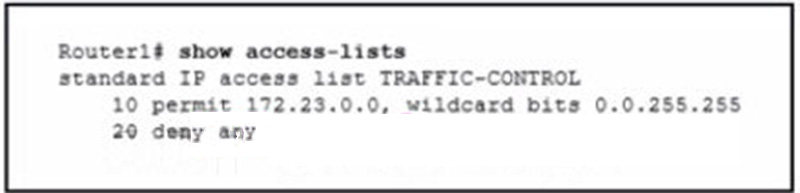 A network administrator needs to add an ACE to the TRAFFIC-CONTROL ACL that will deny IP traffic from the subnet 17223160-20