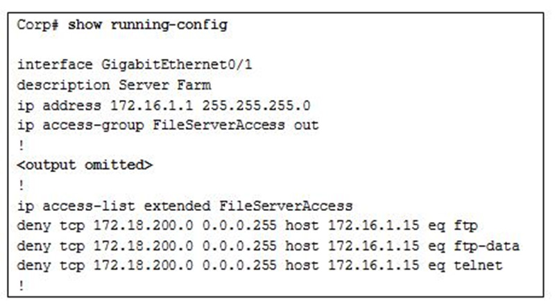 A new network policy requires an ACL denying FTP and Telnet access to a Corp file server from all interns