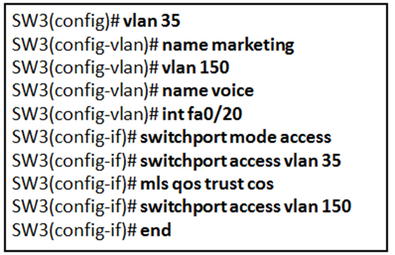 A technician is programming switch SW3 to manage voice and data traffic through port Fa0-20