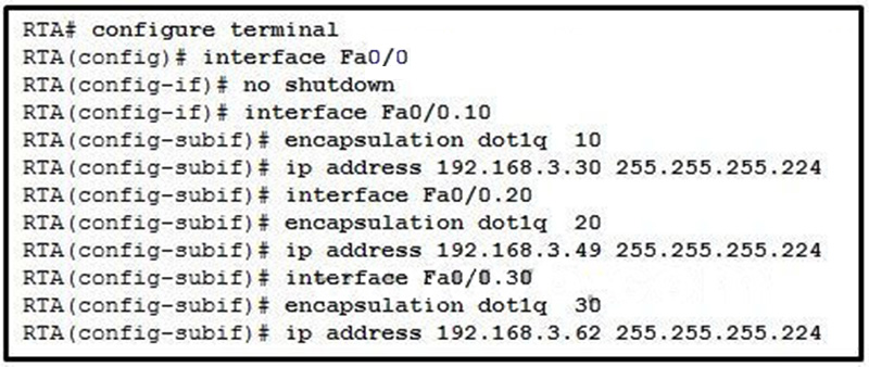 After attempting to enter the configuration that is shown in router RTA