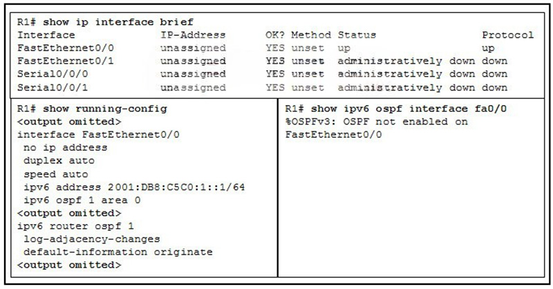 An administrator is trying to configure R1 to run OSPFv3 but the neighbor adjacency is not forming with the router connected to Fa0-0