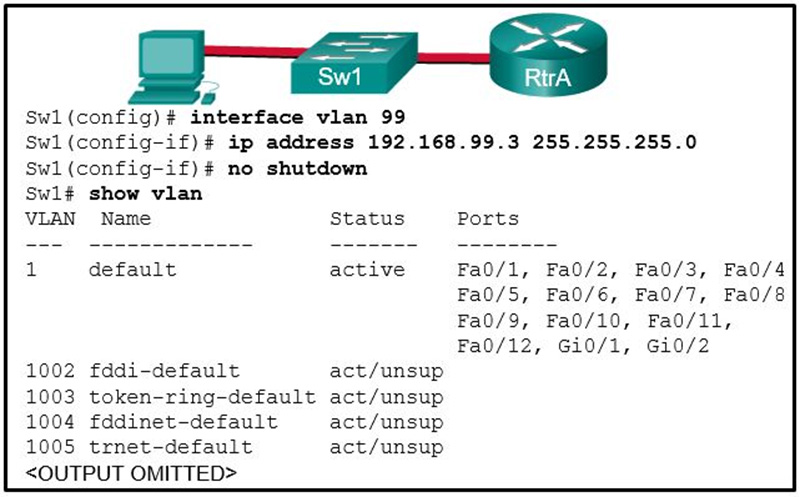 Based on the exhibited configuration and output, why is VLAN 99 missing