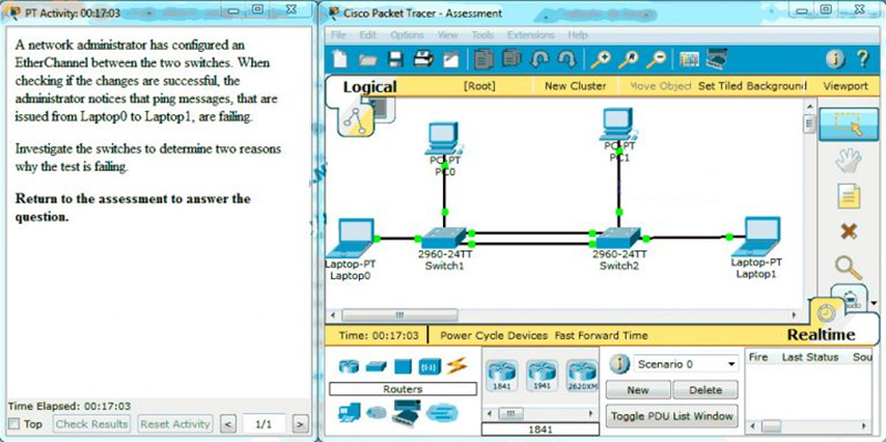 What are two reasons why the ping messages that are issued from Laptop0 towards Laptop1 are failing