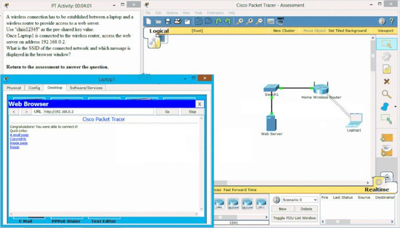 What is the SSID of the connected network and which message is displayed in the browser window
