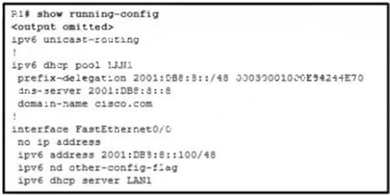 Which statement shown in the output allows router R1 to respond to stateless DHCPv6 requests