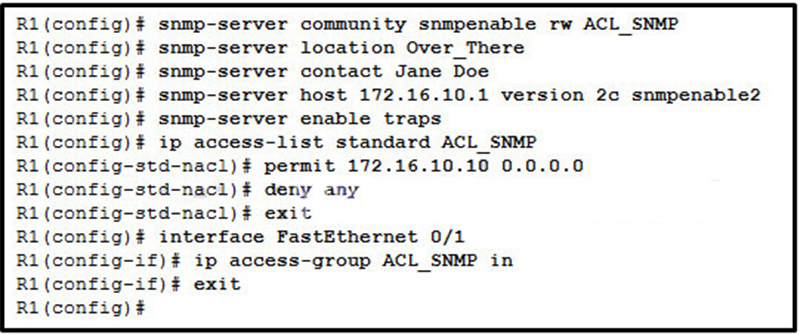A SNMP manager is using the community string of snmpenable and is configured with the IP address 17216101